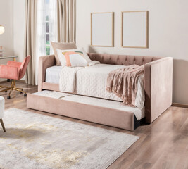 Bright feminine youth bedroom featuring a pink velvet tufted daybed with hidden trundle, plush swivel chair, minimal frames, airy curtains, and a plush rug in a serene modern-contemporary design.