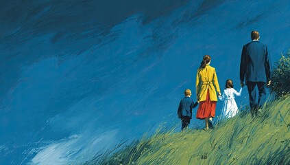 Family walks uphill, stormy sky, hopeful future, pastoral scene, book cover