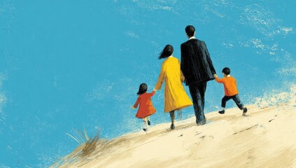 Family walks uphill towards bright sky, future hope