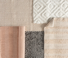 Overhead arrangement of textured bath rugs in neutral and blush tones, showcasing thick looped chenille, geometric detailing, waffle weave, and plush softness for a modern-minimal bathroom aesthetic.