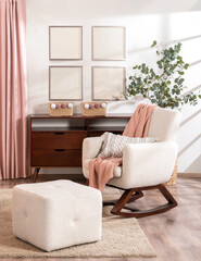 Feminine reading corner showcasing a plush white boucle rocking chair, tufted ottoman, mid-century sideboard, pink drapes, four white frames, and a calm modern-minimal design for serene relaxation.