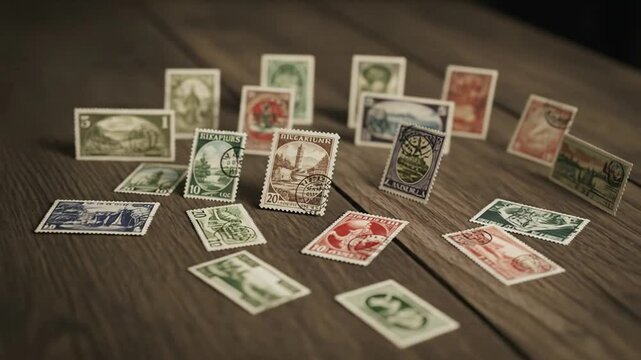 Collection of vintage postage stamps on a wooden table surface