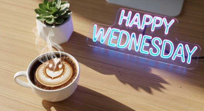 Vibrant Neon Happy Wednesday Sign and Steaming Latte with Joyful Smiley Art on a Bright Wooden Desk.