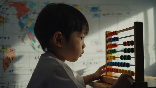 Child with a multi-colored abacus in a classroom.
