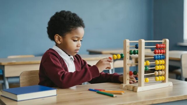 Child with a multi-colored abacus in a classroom.