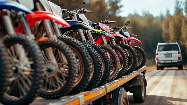 Dirt bikes on a flatbed trailer, ready for adventure.