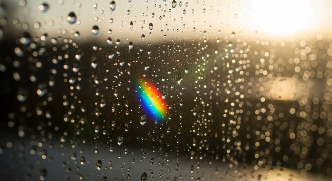 Close-up shot of raindrops on a window with a vibrant rainbow prism effect, set against a warm sunset bokeh background.
 - Powered by Adobe