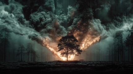 Fototapeta premium 煙と炎に包まれた暗い森に立つ一本の木 | Solitary tree standing in a dark forest engulfed by smoke and fire