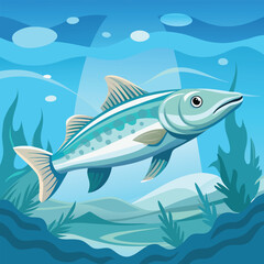 Cartoon Fish Swimming Underwater with Seaweed and Bubbles in Blue Water