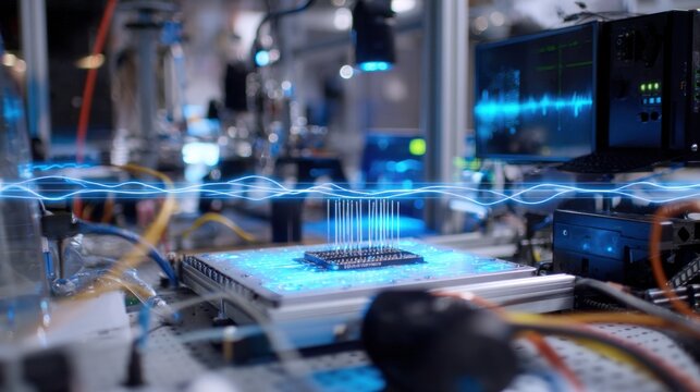 Testing an electronic circuit board with multiple protruding pins in a high tech laboratory, featuring digital readouts and a superimposed wave representing 6g data transmission