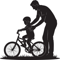 Fototapeta premium Father teaching child to ride bicycle silhouette riding
