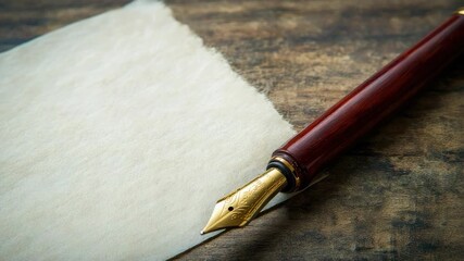 Vintage fountain pen on old paper over rustic wooden table