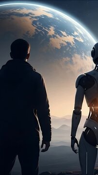 Vertical video of a human and a robot looking at planet Earth from space. For social media about the future and technology.