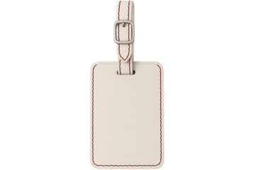 Blank leather luggage tag featuring white strap, red stitching, hanging against transparent backdrop, waiting for personalization