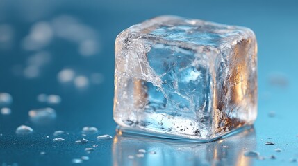 A melting ice cube on reflective glass against pale blue background