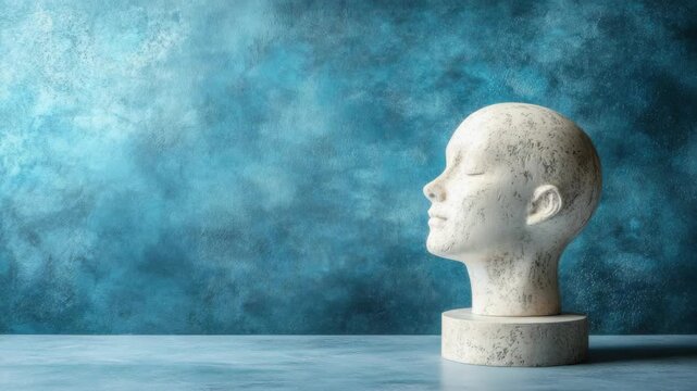 Abstract head sculpture against blue textured background