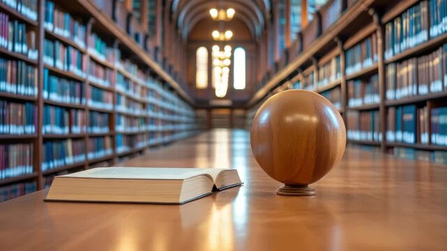 Globe and open book on wooden library table with rows of shelves in background