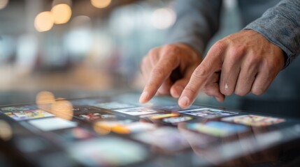 Close up of male hands navigating an interactive touchscreen table displaying an image gallery, suggesting exploration of visual content in a modern office environment