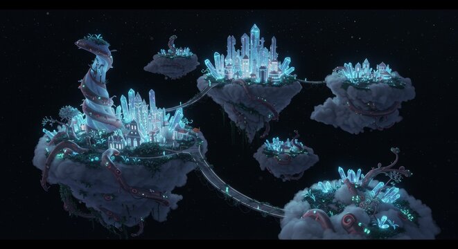 Surreal Floating Cityscape with Crystalline Structures and Glowing Lights