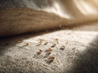 Dust mites visible on a close-up of a pillow fabric surface