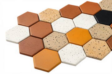 Hexagonal tiles in warm earthy tones and speckled textures, creating a modern mosaic pattern for interior design inspiration.