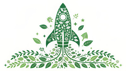 A green rocket made of leaves, symbolizing ecofriendly travel