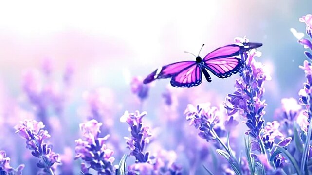 A pink butterfly rests on a purple flower stalk in a field of lavenderlike blooms against a soft blurred background