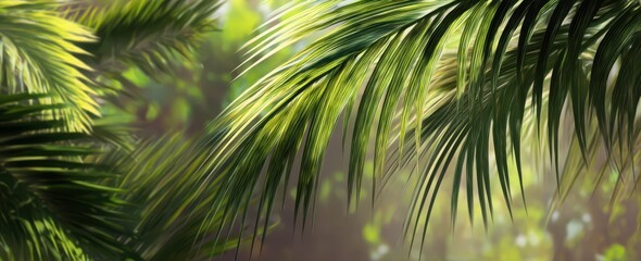 Obraz premium A close-up of palm fronds, their green leaves swaying gently in the breeze