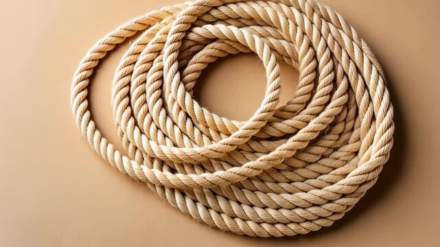 Coiled Rope: A close-up shot of a tightly coiled rope against a simple and clean backdrop, showcasing the textures and patterns of the fibers.