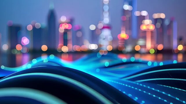 Cityscape of Modern Times: A city skyline illuminated by vibrant lights merges with the sleek curves of the digital age, blending the tangible and the virtual.