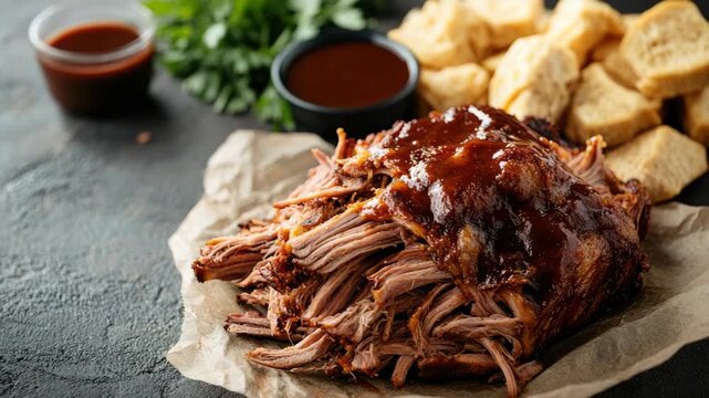 Hearty pulled pork with BBQ sauce and biscuits on side
