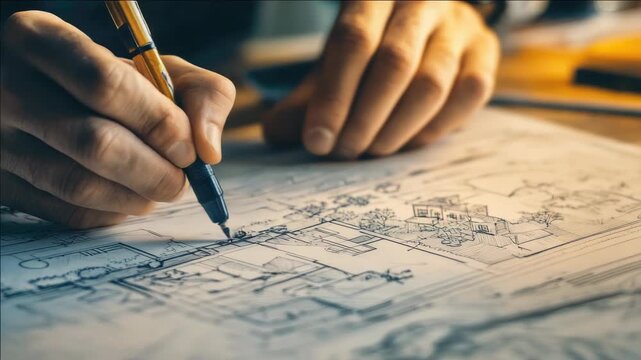 A person's hands drawing technical blueprints with a pen and paper.