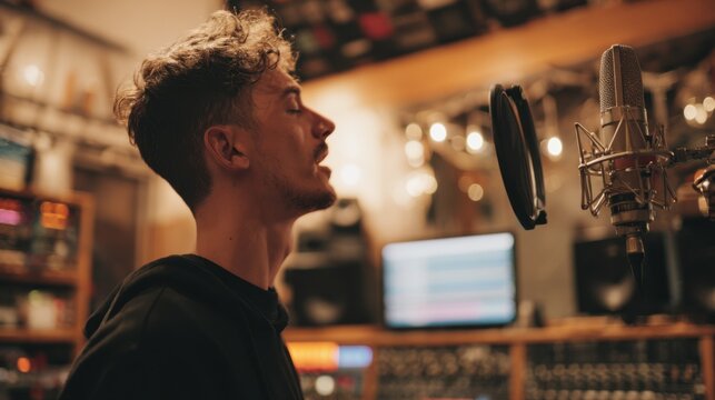Medium shot of a focused vocalist singing into a microphone surrounded by softly blurred consoles and monitors illustrating seamless multicontinent cloud collaboration.