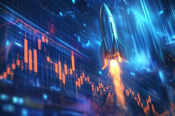 Illustration of a rocket ascending over an upward trending stock market chart, concept for strong bull market with skyrocketing prices