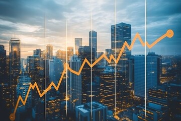 An abstract representation of financial growth with graphs and upward trending lines superimposed on a cityscape at dusk.