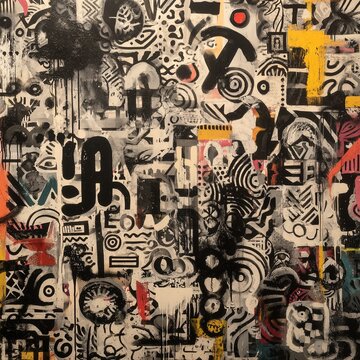 Fototapeta Abstract Urban Graffiti Collage – Modern Street Art Composition. Dynamic black and white graffiti-inspired abstract artwork layered with expressive spray paint, bold graphic shapes