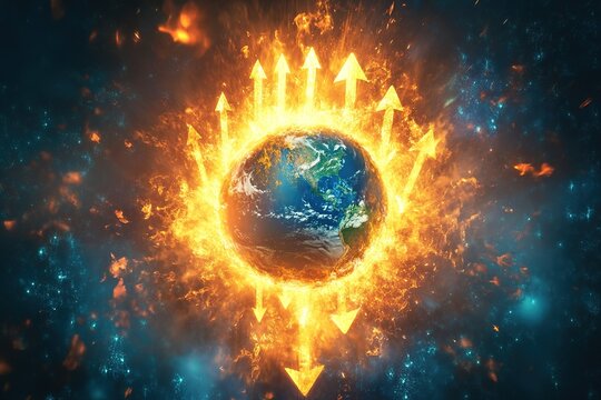 Glowing Earth encircled by upward trending arrows, symbolizing global growth and prosperity during Chinese New Year Fairs 2025