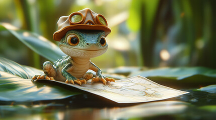 A Storybook-Style Lizard Explorer with a Map 동화책 스타일의 지도와 함께한 도마뱀 탐험가
