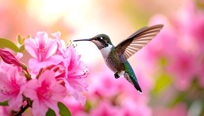 Naklejka premium Tiny iridescent hummingbird hovers and drinks nectar from a vibrant pink rhododendron flower in soft sunlight