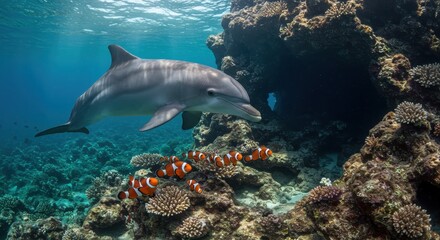 Fototapeta premium Dolphin swimming in tropical blue ocean with clownfish and coral reef structure