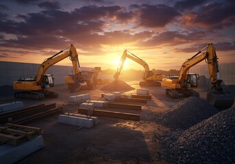 Excavators Working at Construction Site with Sunset Sky