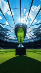 Fototapeta premium Soccer trophy championship award in stadium with blue sky and green grass field