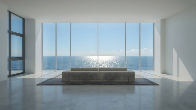 Modern living room with panoramic ocean view and sofa - Powered by Adobe