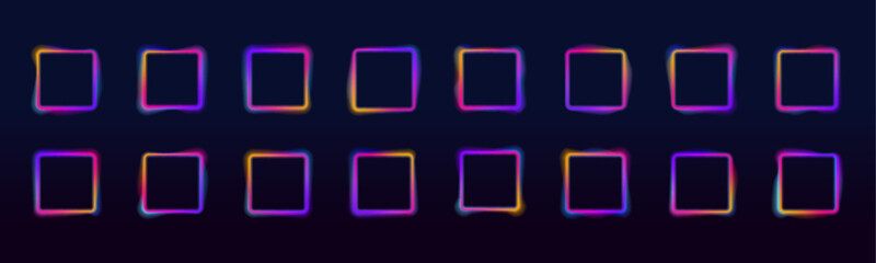 A set of four square neon frames with shining effects, highlights and inscriptions on a dark background. Geometric fluorescent outline. Banner template with text.	