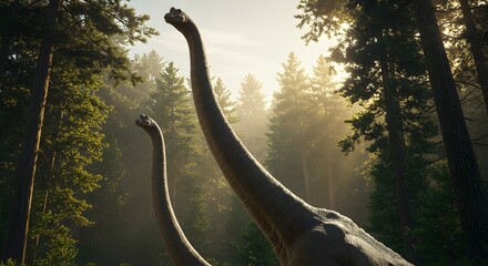 Two brachiosaurus dinosaurs standing tall in a lush green forest with sunlight streaming through trees
