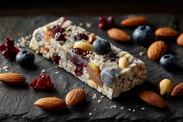 Fototapeta premium Healthy snack bar with nuts and dried fruits displayed on a slate background