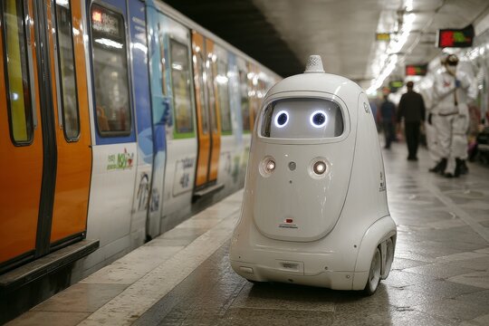Robot assistant navigates subway station platform during commuter rush in a bustling urban environment
