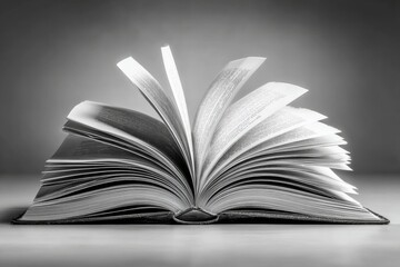 Fototapeta premium Open book displaying turning pages against a simple background in monochrome tones with a focus on the text and texture of the pages