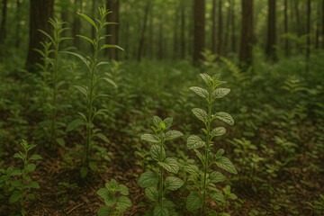 Fototapeta premium Young wild herbs with textured green leaves grow in the soft, earthy soil of a quiet forest clearing. The surrounding trees and dappled light create a serene, natural setting