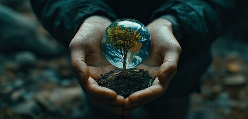 Hands gently holding a small tree and a globe, symbolizing care for the earth on the International Day of Forests.